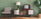 retro modern living room with green wall, sideboard and accent chair, lamp and vintage TV