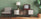 retro modern living room with green wall, sideboard and accent chair, lamp and vintage TV