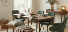 how to decorate a dining room - image features cosy modern dining room with wooden dining table, 4 green fabric chairs and dining bench, decorated in warm rustic theme