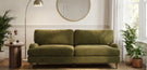 what colour goes with grey green and blue sofas - 3 seat green sofa with round mirror, gold arch floor lamp and round wood side table