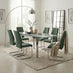 Enna White Glass Extending Dining Table with 6 Green Fabric Lorenzo Chairs