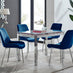 Enna White Glass Extending Dining Table and 4 Navy Pesaro Silver Leg Chairs