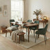 Lynton Large Walnut Effect Wood Dining Table + 4 Green Beaumont Chairs & Bench