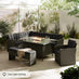 Marbella Grey Rattan 9 Seat Sofa Garden Dining Set with Firepit Table