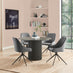 Penrose Black Round Dining Table & 4 Grey Beaumont Fabric Swivel Chairs