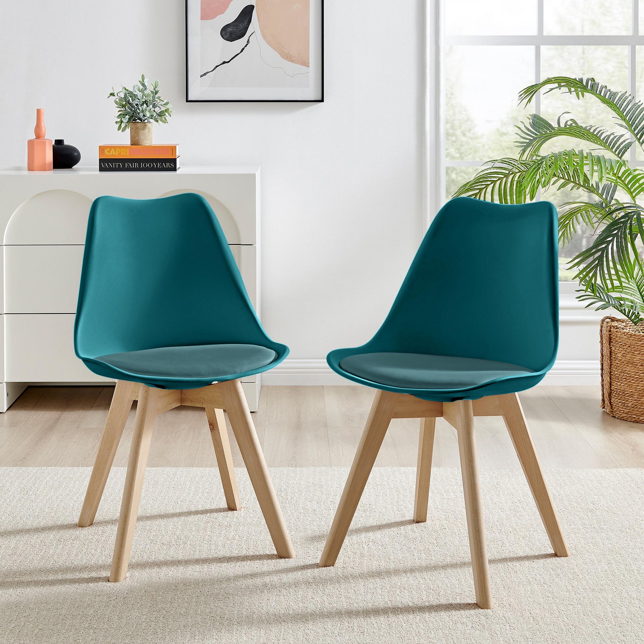 2x Stockholm Scandi Faux Leather Wood | Blue Dining Chairs