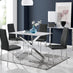 Leonardo White Glass Marble Effect Silver Leg Table & 4 Black Milan Chrome Leg Chairs