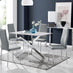 Leonardo White Glass Marble Effect Silver Leg Table & 4 Grey Milan Chrome Leg Chairs