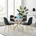 Novara Gold Metal Round Glass Dining Table And 4 Black Corona Gold Dining Chairs