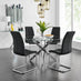 Novara Chrome Metal And Glass Large Round Dining Table And 4 Black Murano Chairs Set