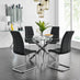 Novara Chrome Metal And Glass Large Round Dining Table And 4 Black Murano Chairs Set