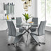 Novara Chrome Metal And Glass Large Round Dining Table And 4 Elephant Grey Willow Chairs Set