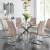 Novara Chrome Metal And Glass Large Round Dining Table And 6 Cappuccino Beige Lorenzo Chairs Set