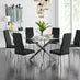 Novara Chrome Metal And Glass Large Round Dining Table And 6 Black Milan Chairs Set