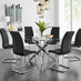Novara Chrome Metal And Glass Large Round Dining Table And 6 Black Murano Chairs Set