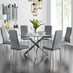 Novara Chrome Metal And Glass Large Round Dining Table And 6 Grey Milan Chairs Set