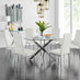 Novara Chrome Metal And Glass Large Round Dining Table And 6 White Milan Chairs Set