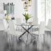 Novara Chrome Metal And Glass Large Round Dining Table And 6 White Milan Chairs Set