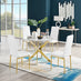 Novara White Marble Gold Leg Round Dining Table & 4 White Milan Gold Leg Chairs