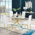 Novara White Marble Gold Leg Round Dining Table & 4 White Milan Gold Leg Chairs