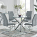 Selina Round Glass And Chrome Metal Dining Table And 4 Elephant Grey Lorenzo Chairs Set