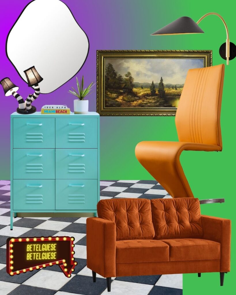 Beetlejuice inspired furniture mood board featuring pale blue metal locker style filing cabinet, yellow Z shape leather dining chair and orange velvet sofa