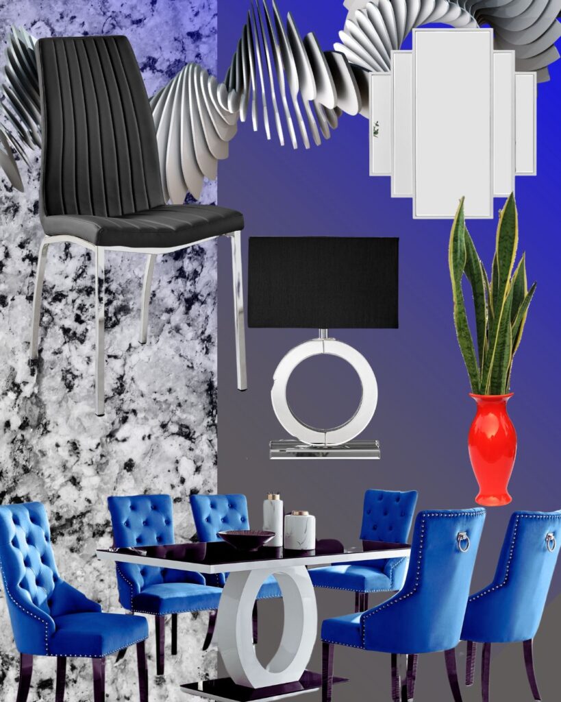 Delia Deetz Beetlejuice house inspired mood board featuring black and white gloss dining table, black faux leather dining chair, blue velvet chairs, black fabric lamp.