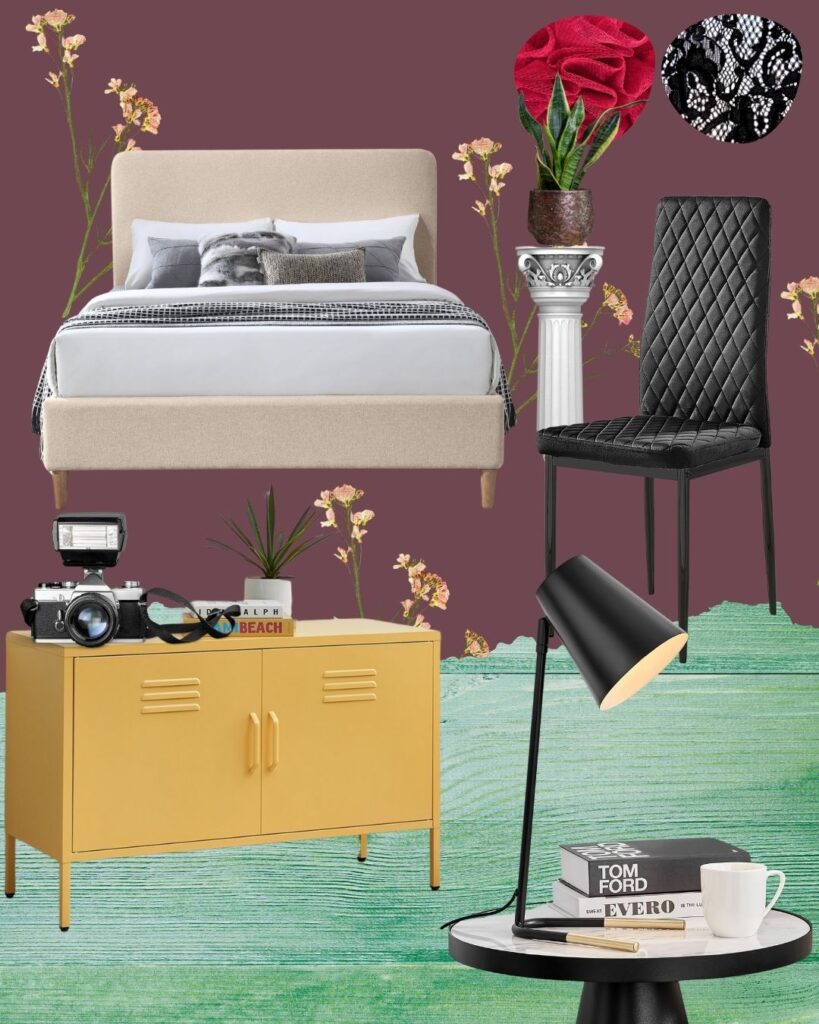 Lydia Deetz bedroom inspired mood board featuring cream fabric upholstered bed frame, black leather tall back chair, yellow metal locker style cabinet cupboard 