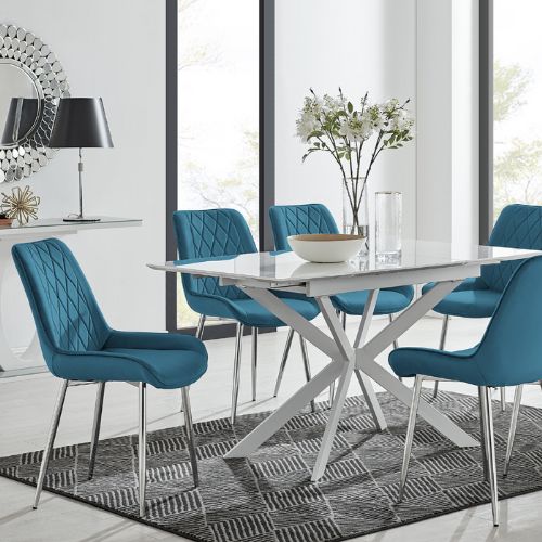 modern square white high gloss extending dining table with starburst legs, 6 blue velvet dining chairs