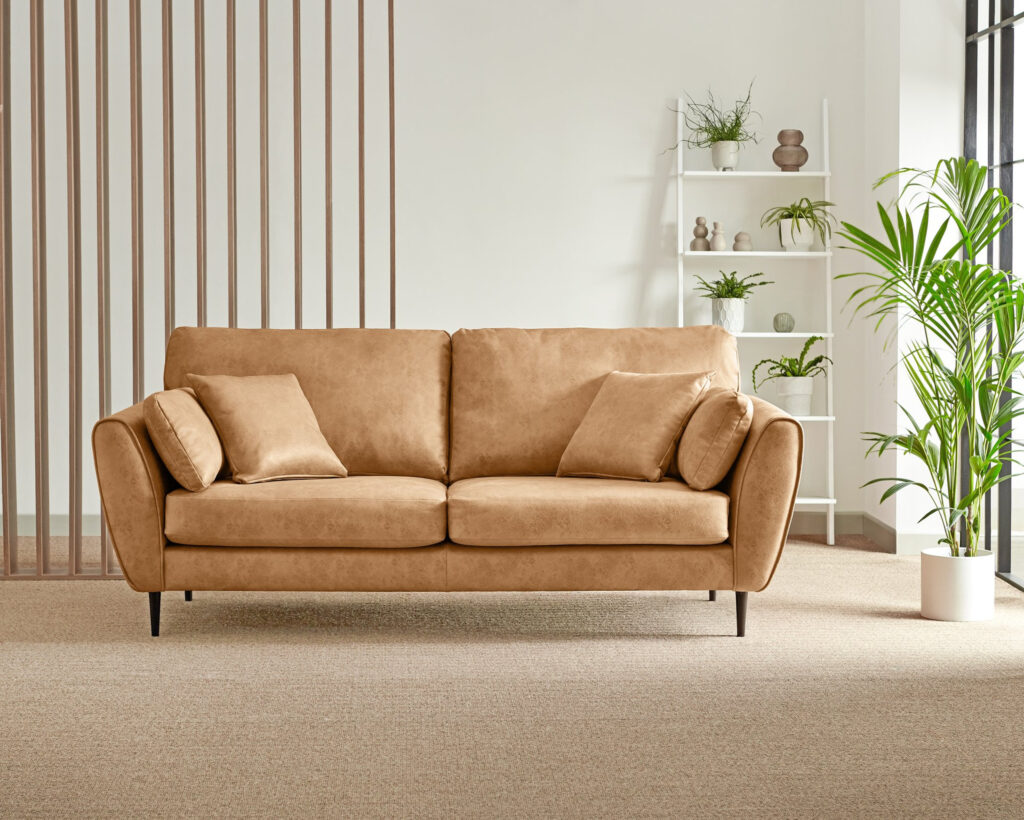 3 seater tan faux leather sofa