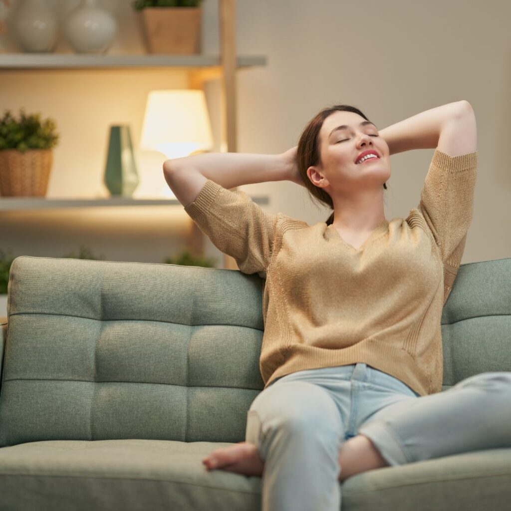 fibre filled medium firm sofa with woman sat on it 