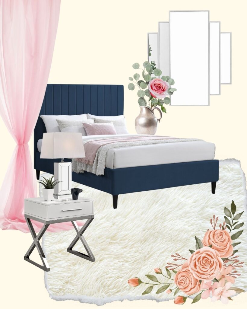 Bridgerton inspired modern bedroom featuring navy velvet bedframe, white and chrome fixings and pale pink accents