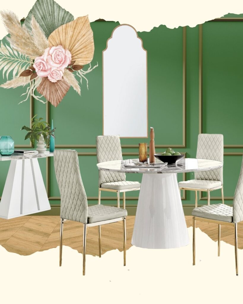 Birdgerton-inspired modern dining room mood board features green and gold panelled walled, herringbone wood floor, white marble effect round table with 4 tall back white chairs, with gold accents