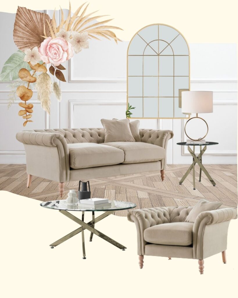 Modern Bridgerton inspired living room mood board featuring chesterfield style roll top beige velvet sofa and armchair, gold and glass  round coffee and side tabes and gold window mirror