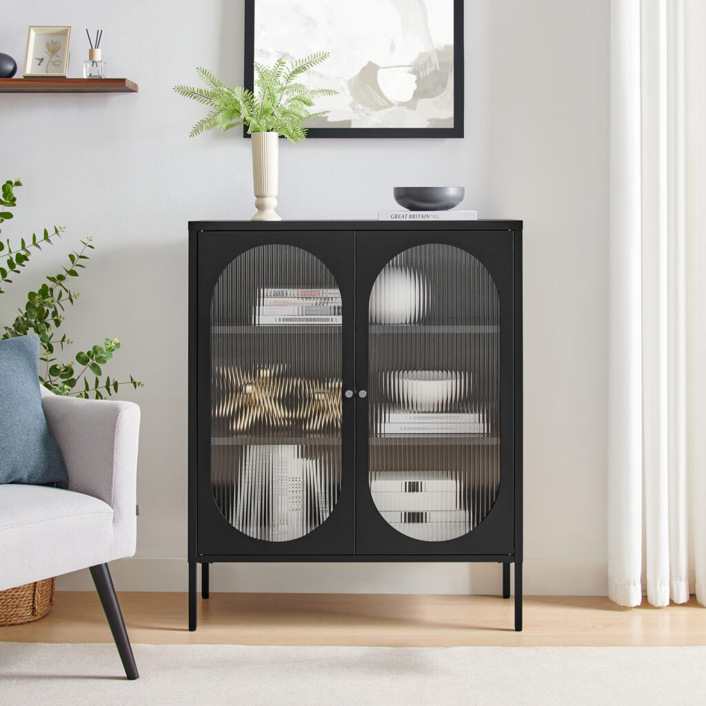 Black metal and ribbed glass sideboard cabinet with 2 doors and interior shelves