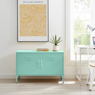 pale blue metal locker style cabinet sideboard with 2 doors