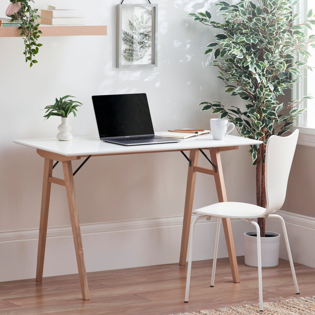 white Scandi style desk with wooden legs for a kid's bedroom