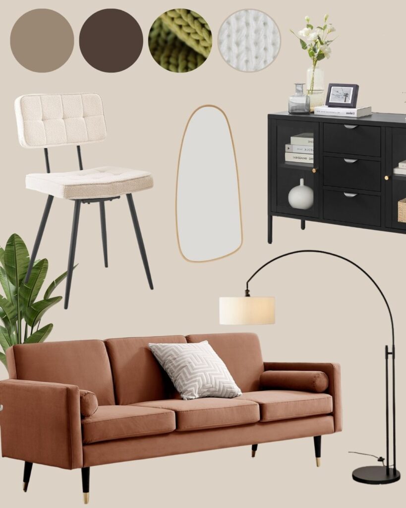 mood board featuring sofa, floor lamo, mirror, sideboard and dinign chair from Furniturebox