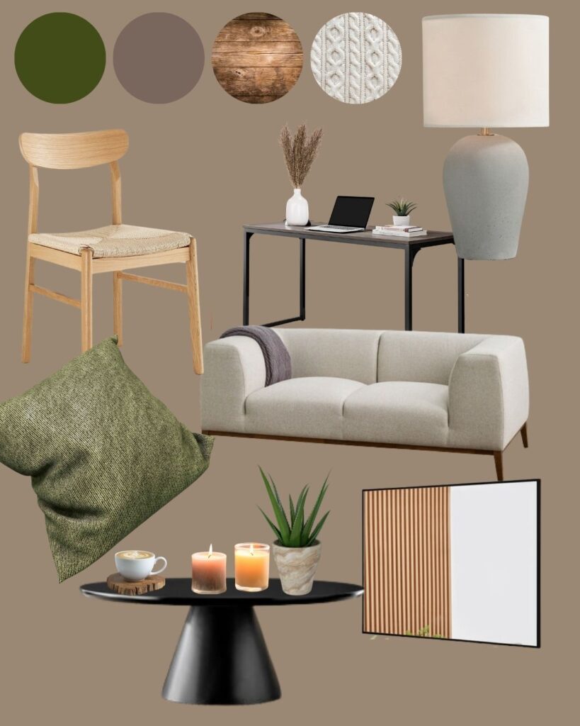 luxury on a budget furniture inspired by Courtney Cox's living room, showing shofa, lamo, wooden dining chair, round black coffee table, black frame wall mirror and wooden top desk