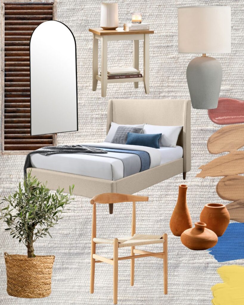 Mediterranean bedroom inspiration decor mood board featuring cream fabric bed, concrete and fabric lamo, wooden side table, wood and rope dining chair and black arch mirror