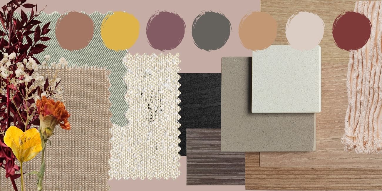 2025 interiors trend mood board featuring colours and materials