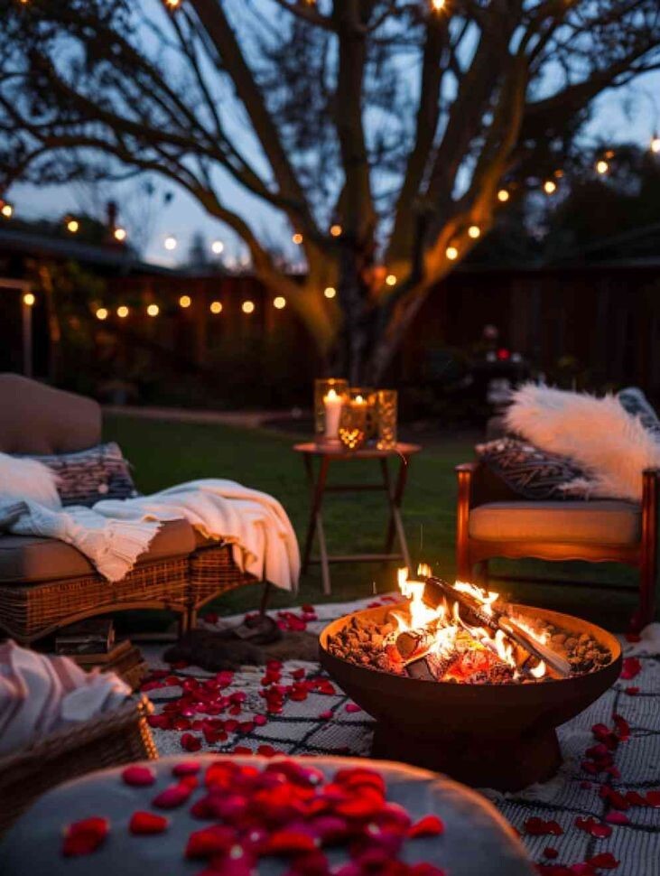 rustic garden with rattan garden furniture and cosy firepit at night, fairy lights strung behind