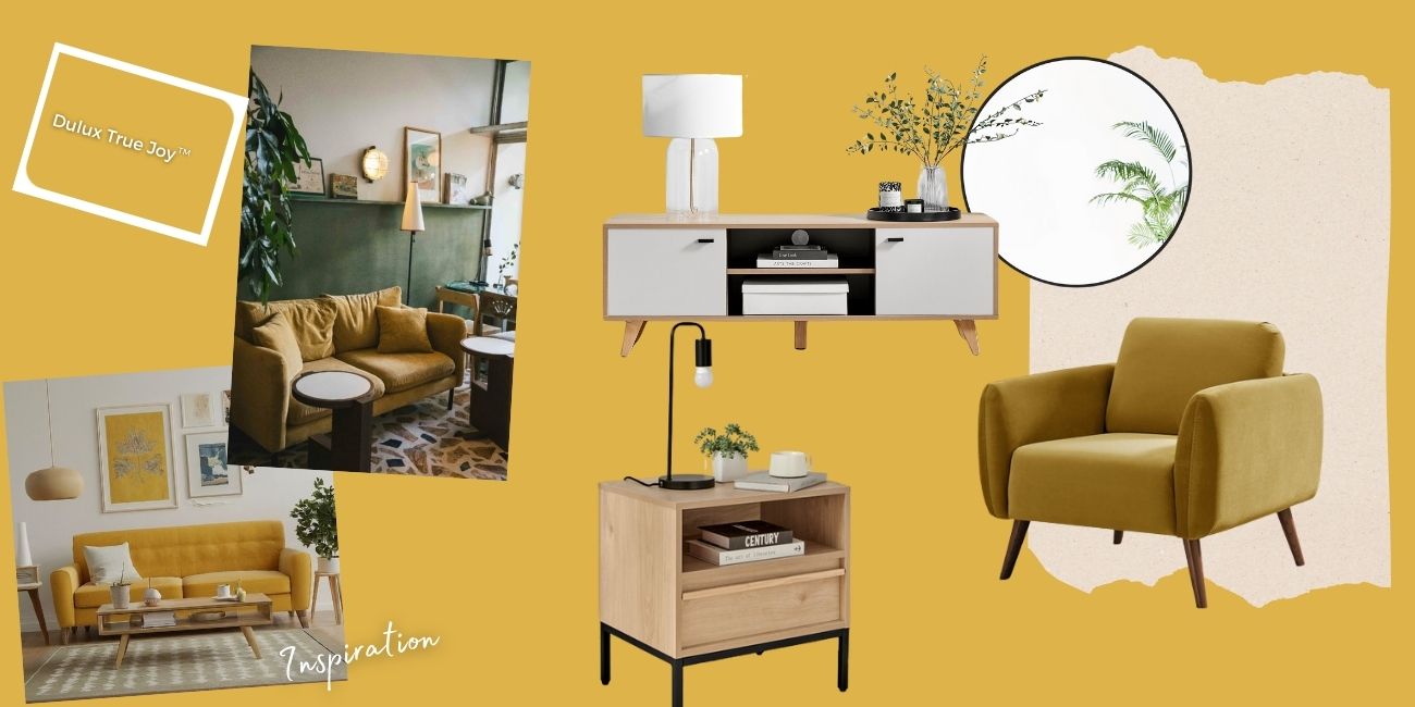 mood board inspired by Dulux colour of the year - yellow backgorund with yellow velvet armchair, round black frame wall mirror, white and wood tv stand sideboard, wooden bedside storage table