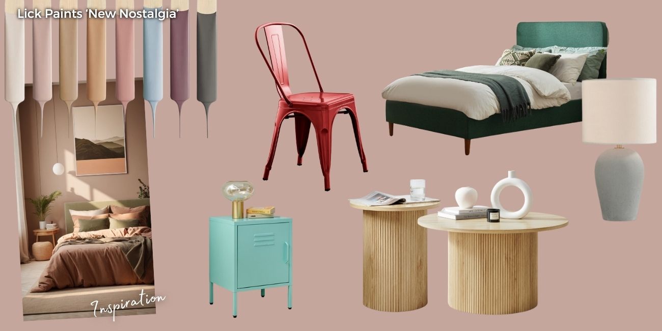 Mood board inspired by Lick Paint 2025 colour palette featuring  green upholstered bed, grey cocnrete lamp, round wood coffee table and matching side table, red tolix style metal dining chair & pale blue locker style metal bedside table