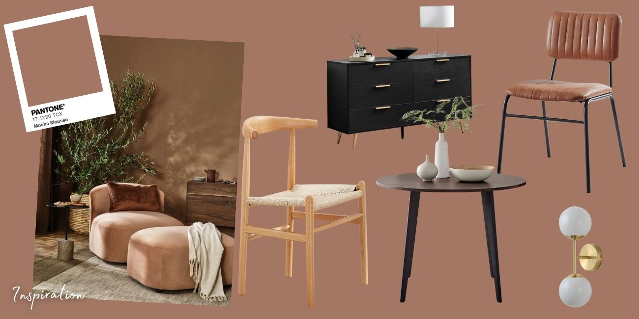 mood board inspired by Pantone colour of the year featuring round wooden dining table, wooden dining chair, tan faux leather and metal dining chair, black wood storage sideboard, brass and glass wall light